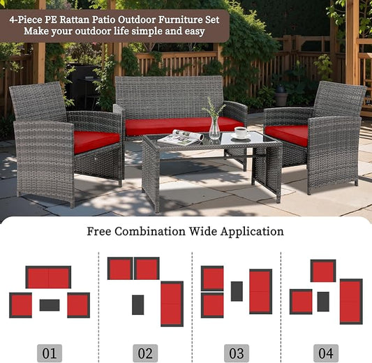4 Piece Patio Ratten Set Outdoor Furniture Set Wicker Conversation Set with Cushions and Tempered Glass Tabletop,Red