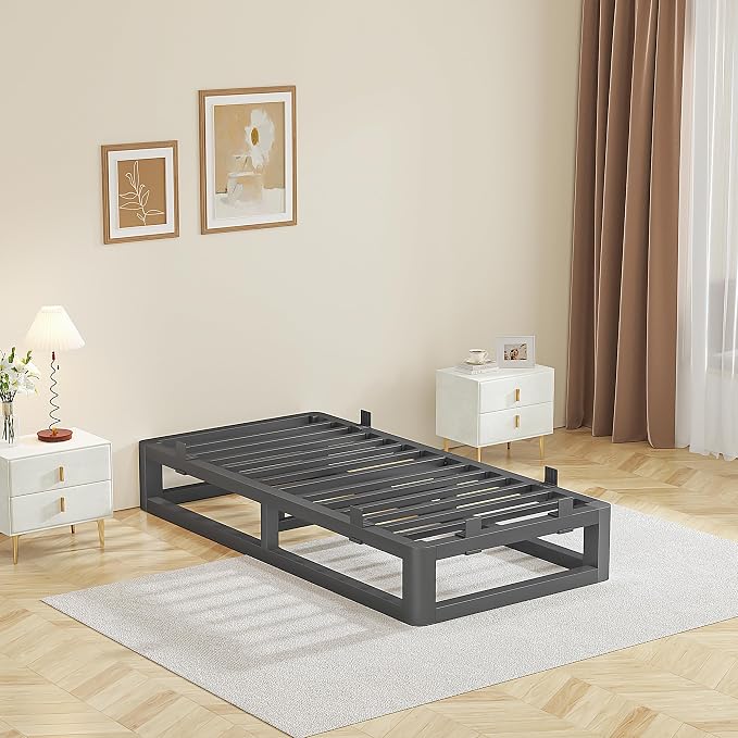 10 Inch Twin XL Bed Frame with Rounded Corner and Squeak Free U-Slot Design, Metal Platform Bed Frames 6 Non-Slip Guards, 3500lbs Heavy Duty Steel Slat Support, No Box Spring Needed, Black