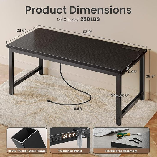 Huuger 55 x 24 inch Desk with Power Outlets & USB-C, Deeper & Thicker Desktop, Robust Metal Tubes, Computer Desk, Heavy Duty Office Desk, Work Gaming Desk for Home Office, Black