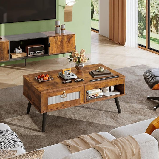 WLIVE Coffee Table, Lift Top Coffee Table with Storage Shelf, Drawer, Height Adjustable and Tilting Tabletop for Living Room, Mid Century Modern, Wood, Rustic Brown