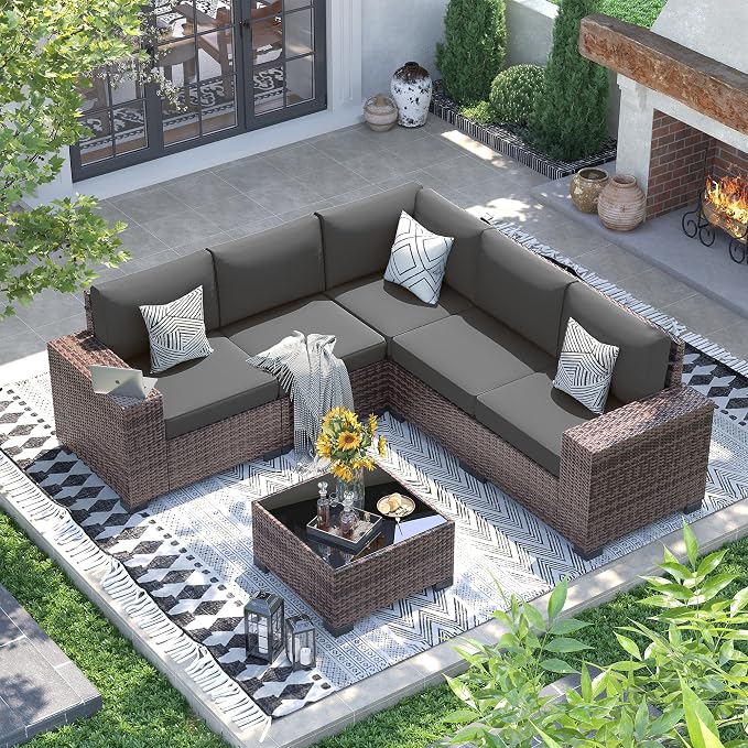 UDPATIO Patio Furniture Set, 8 Inch Armrest Outdoor Sectional Sofa with Wicker Coffee Table, 6 Piece Conversation for Garden, Backyard, Dark Grey