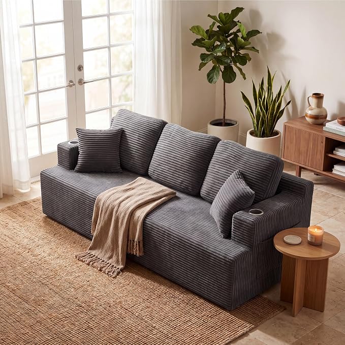 Homall 87” Boneless Sofa Couch with 2 Pillows Extra Deep Seats, Corduroy Fabric 3 Seater Sofa for Living Room with Cup Holder & Storage Pocket Upholstered Floor Sofa Easy Installation (Grey, 3 Seater)