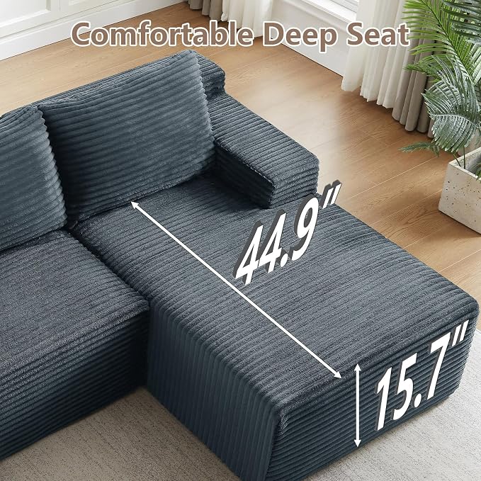 96" Cloud Sectional Couch with L-Shape Chaise, Modular Comfy Sofa Chaise Longue, Upholstered Corduroy Couches Sleeper with Deep Seat for Living Room Bedroom, No Assembly Required(Grey, Right Facing)