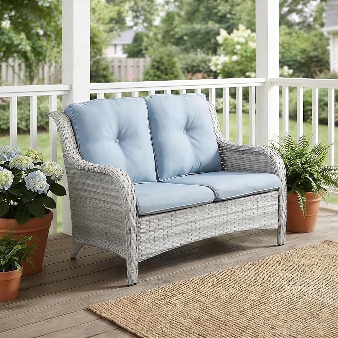 Outdoor Loveseat Sofa-2 Seater Rattan Wicker Patio Couch High Back Patio Sofa for Porch Deck Backyard-Light Grey/Light Blue