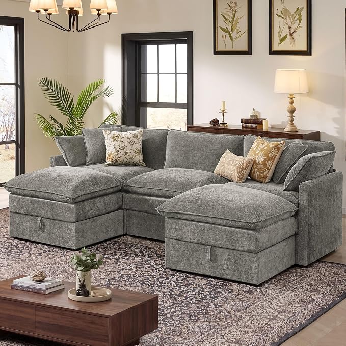 Ihanherry 103” Modular Sectional Sofa with Storage, U Shaped Cloud Couch with Movable Ottomans & 4 Pillows, Chenille Deep Seat Sectional Couches for Living Room, Apartment (Grey)