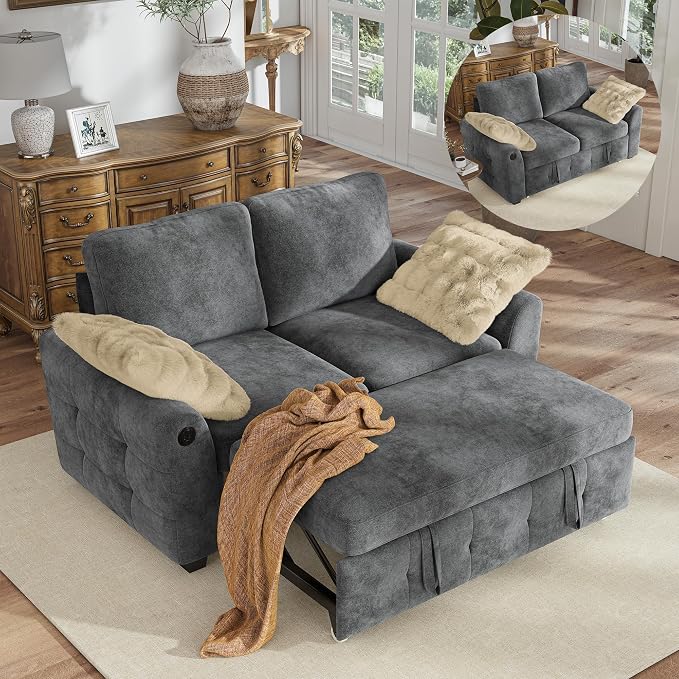 Hanherry 59" Loveseat Couch with Pull Out Sofa Bed, Chenille 2-in-1 Convertible 2 Seater Sleeper Sofa with USB Charging,Comfy Love Seat for Small Spaces Living Room Apartment