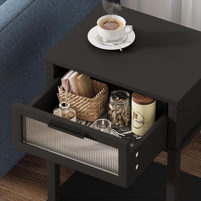 Nightstand Wooden Bedside Table with Drawer Black Night Stands Modern Style Small End Table Side Table with Storage Shelf for Bedroom Living Room MLBZ10B