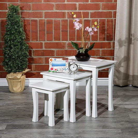 DTY Indoor Living 3-Piece Nesting Tables - Wooden Table Set of 3 for Living Room - Stackable Tables with Sleek White Finish for Stylish and Space-Saving Home Furniture