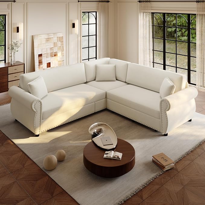 88.2" Sectional Sleeper Sofa with Pull Out Bed - Oversize L-Shaped Convertible Sleeper Couch Bed, Button Tufted Chesterfield Sofa, Chenille Vintage Couches for Living Room/Apartment(4-Seater, Beige) | Pull Out Couch Bed