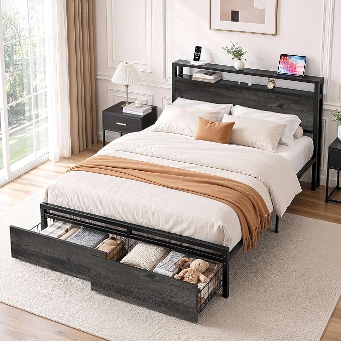 LIKIMIO Queen Bed Frame with 2 2-Tier Storage Headboard, Platform Bed with 2 Drawers and Charging Station, No Box Spring Needed, Easy Assembly, Charcoal Grey