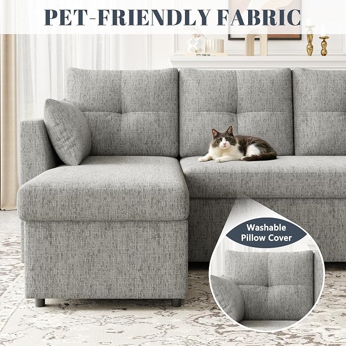Huatean Home Oversized Pullout Couch Bed, 110 inch 2 in 1 Sleeper Sofa Couch for Living Room, Sectional Sleeper Sofa Bed with Double Storage Chaise, Side Pockets, Light Grey
