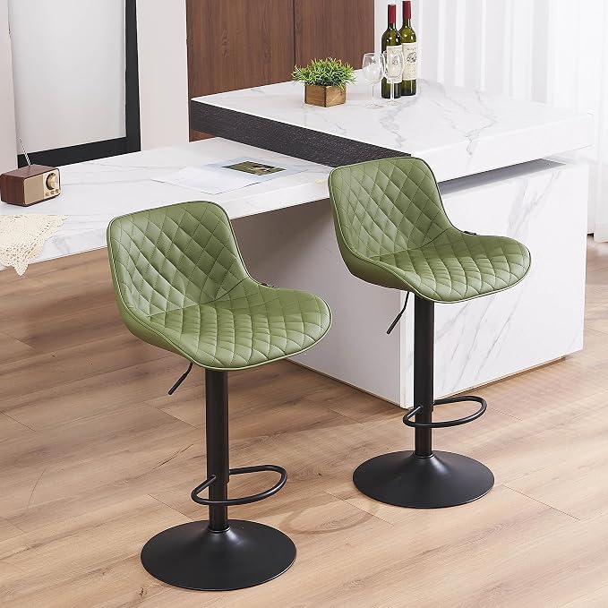 YOUTASTE Olive Green Bar Stools Set of 2, Mid-Century Modern Counter Height Stools for Kitchen Island, Faux Leather Upholstered, Swivel, Adjustable, Bar Chairs with Black Metal Base for Home Bistro