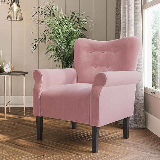 BELLEZE Modern Accent Chair, High Back Armchair, Upholstered Wingback Side Chair, Padded Single Sofa with Wooden Legs for Living Room, Bedroom - Pink