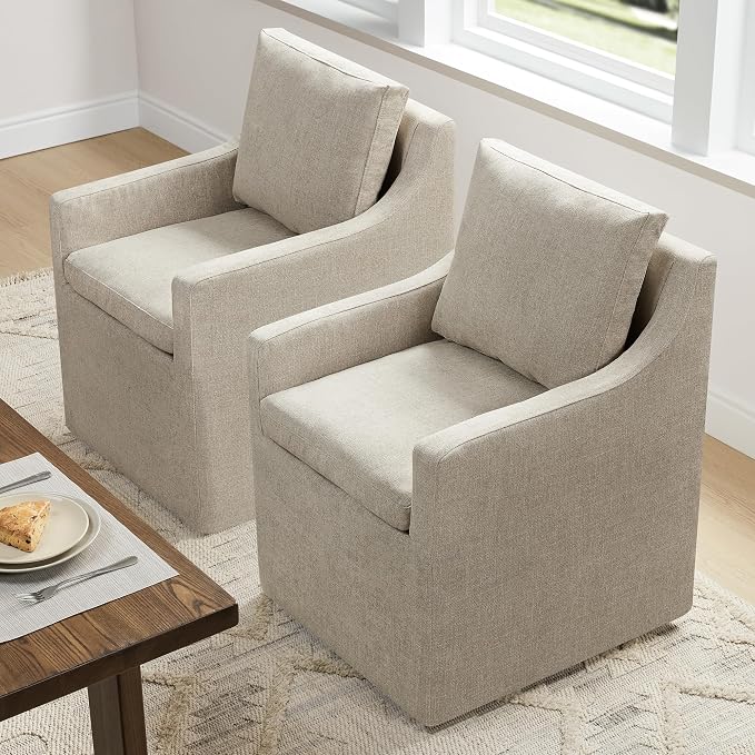KISLOT Upholstered Dining Chairs Set of 1, Washable Cover Modren Deskchair with 4 Casters & Hidden Storage for Dining Room, Living Room, Home Office, Sand, 1 Box