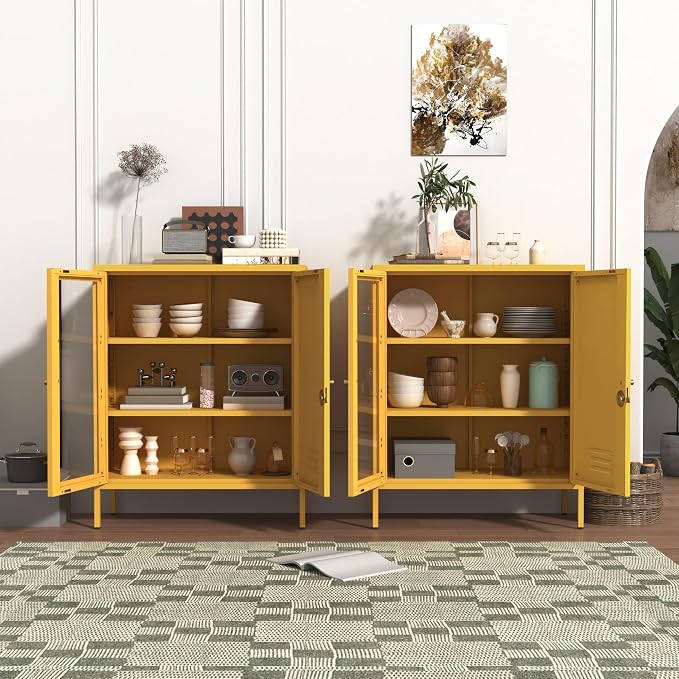 Metal Cabinet Metal Bathroom Storage Cabinet Metal Storage Cabinets with Glass Door and Adjustable Shelves Cabinet Storage for Coffee Bar for Homes, Living Rooms and Offices Yellow 33''H