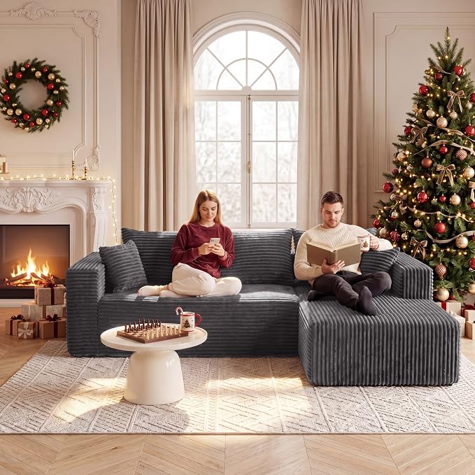 92.5" L-Shaped Sectional Boneless Couches with Chaise, Comfy Modular Corduroy Fluffy Couch with Deep Seat, 3 Seater Cloud Sofa for Apartment Flexible Module Combination for Living Room, No Assembly
