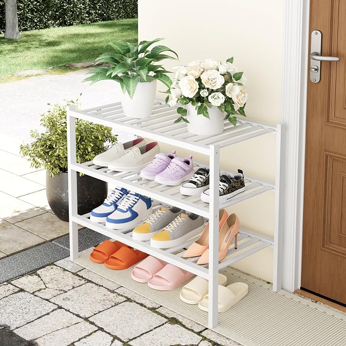 Smiry Bamboo Shoe Rack, 3 Tier Free Standing Wooden Shoe Organizer, Stackable Wood Shoe Storage Shelf for Closet, Entryway, 14 Vertical Slats, 2+1 Stack Heavy-Duty Legs, 26.8"x11"x19.5", White