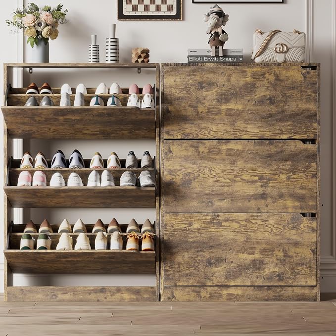 Xixini Shoe Storage Cabinet for Entryway with 3 Flip Drawers, Sturdy Wood Hidden Shoe Storage, Freestanding Narrow Slim Shoe Organizer for Front Door Entrance, Living Room, Hallway, Bedroom, Brown