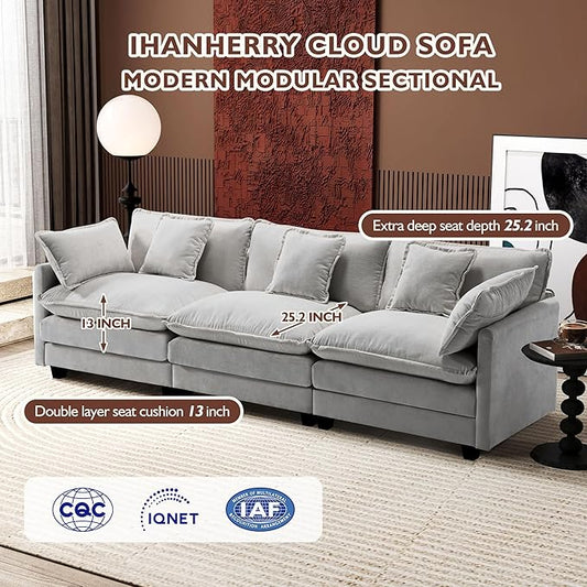 Ihanherry 111.4 Inch 3-Seater Cloud Sofa, Modular Sectional Couch, Modern Deep Seat Sofa for Living Room, Comfy Double Layer Upholstered Seat Cushion, Breathable Chenille Fabric, Grey