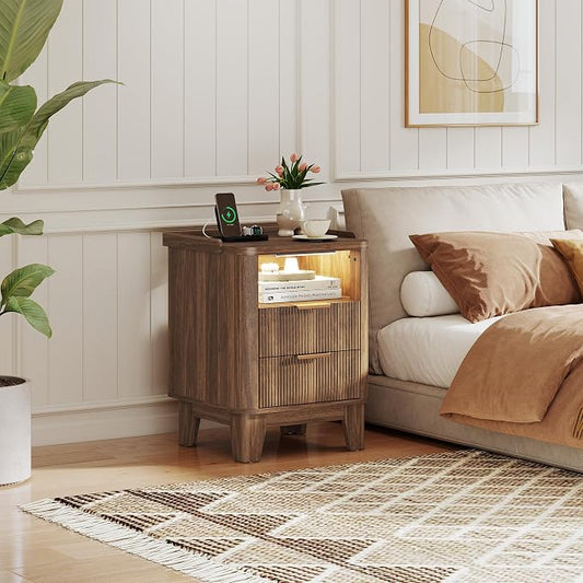 Turosur Night Stand with Charging Station, Fluted Nightstand with 2 Drawers and LED Light, Wood Bedside Table with Open Storage for Bedroom, Walnut