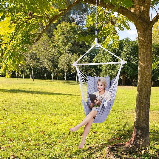 Backyard Expressions Hanging Hammock Chair Swing with Cushions & Hanging Kit – 500 lb Capacity, Cotton Blend Fabric, for Indoor/Outdoor Use – Includes Chain, Hooks & Spring – 5 Colors (Charcoal)