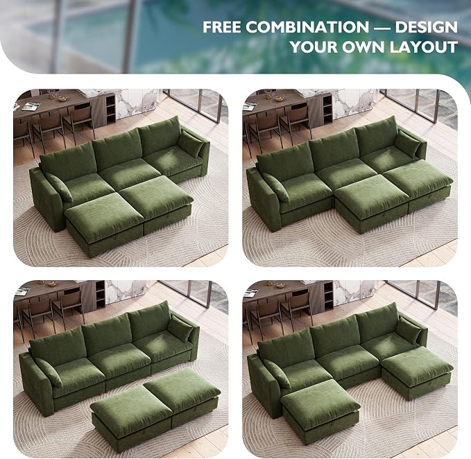 Ihanherry 117" Oversized Modular Sectional Sofa, Modern U Shaped Cloud Couch with 2 Storage Ottoman, 5-Seat Comfy Chenille Deep Seat Sofa with 2 Pillows for Living Room, Green