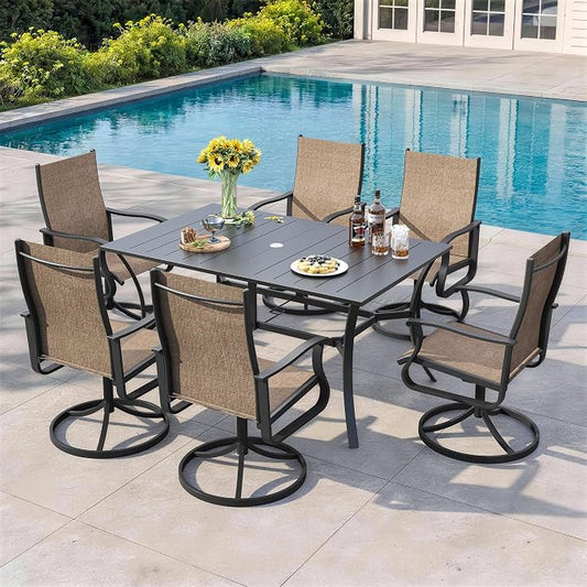 7 Pieces Patio Dining Set, Patio Outdoor Furniture Set of 6 Patio Swivel Dining Chairs and Patio Spliced Rectangular Tabletop with Umbrella Hole, for Deck, Backyard, Poolside & Garden