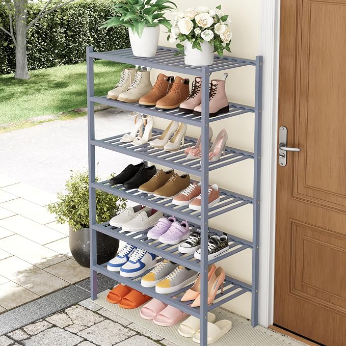 Smiry Bamboo Shoe Rack, 6 Tier Free Standing Wooden Shoe Organizer, Stackable Wood Shoe Storage Shelf for Closet, Entryway, 14 Vertical Slats, 2+2+2 Stack Heavy-Duty Legs, 26.8"x11"x39", Grey