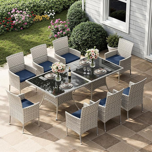 10-Piece Patio Dining Set, Patio Furniture Set with Square Tempered Glass Table & 8 Wicker Chairs, Expandable Design for Larger Groups, Outdoor Furniture for Backyard, Deck, Garden, Navy Blue