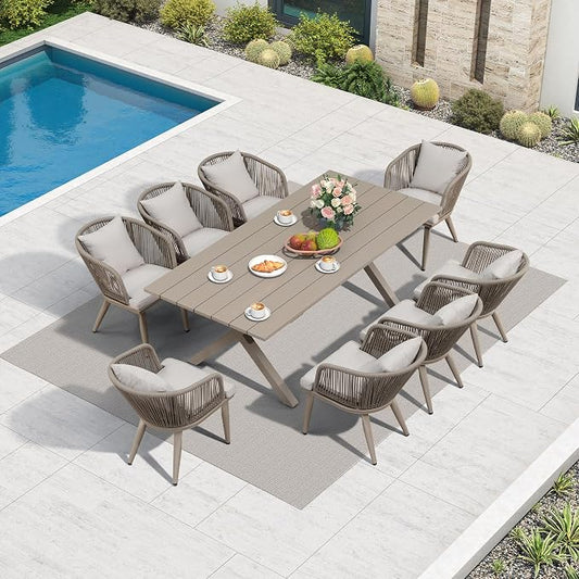 PURPLE LEAF 9 Pieces Patio Dining Set Wicker Outdoor Furniture Rectangular Table and Chairs Set for Garden Deck Aluminum Frame Backyard Kitchen Set, Cushions and Pillows Included Champagne