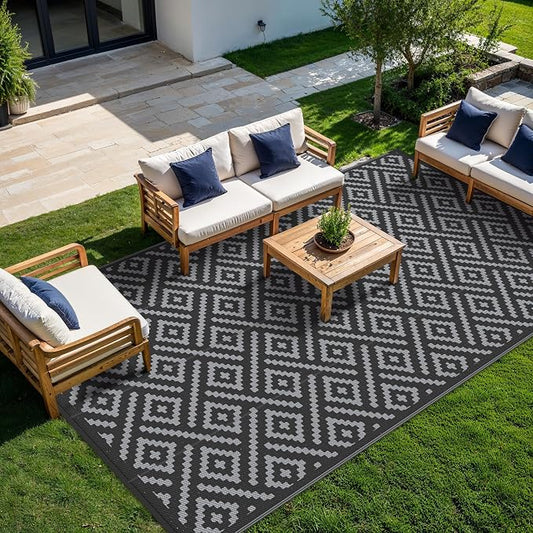 GENIMO Outdoor Rug for Patio Clearance,10x14 Waterproof Large Mat,Reversible Plastic Camping Rugs,Rv,Porch,Deck,Camper,Balcony,Backyard (Black & Grey)