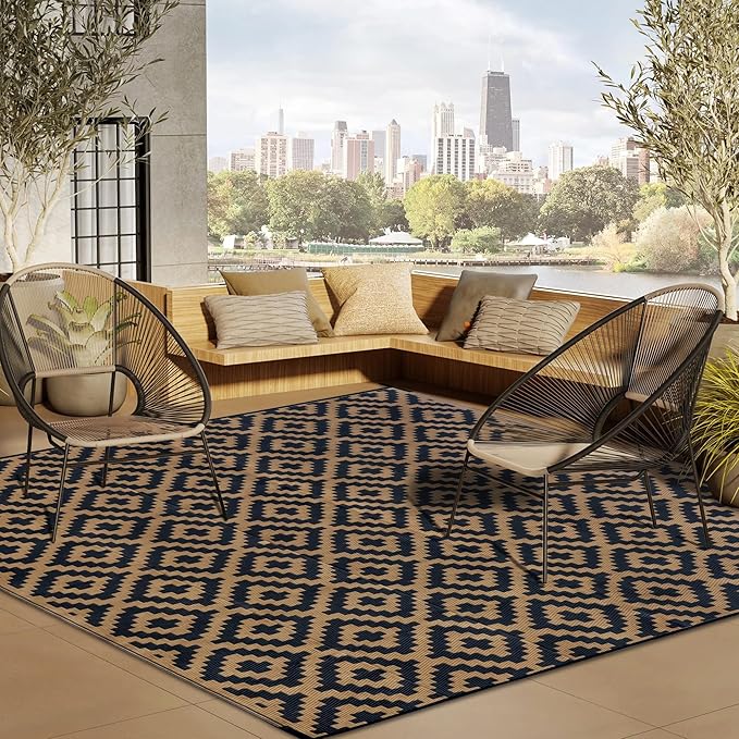 SAND MINE Reversible Mats, Plastic Straw Rug, Modern Area Rug, Large Floor Mat and Rug for Outdoors, RV, Patio, Backyard, Deck, Picnic, Beach, Trailer, Camping, Black & Brown, 8' x 10'