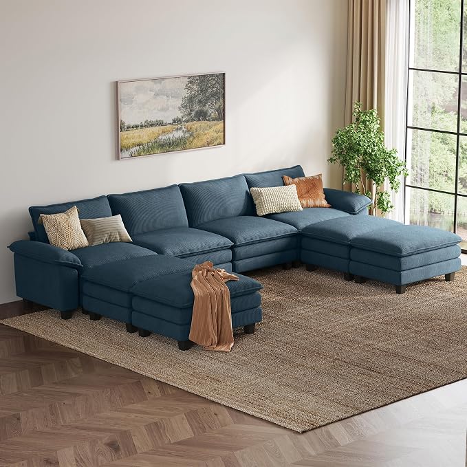 LINSY HOME 157'' Modular Sectional Sofa 4 Seat Couch Corduroy Cloud Couch with Deep Seat, Modern Cloud Couch with 4 Movable Ottoman for Living Room, Office, Bedroom, Blue