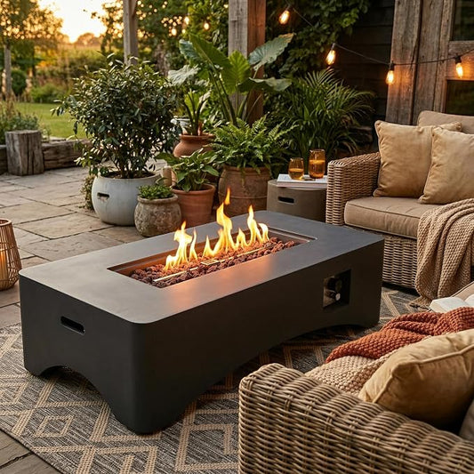 56" Propane Fire Pit Table, 50,000 BTU Rectangular Outdoor Gas Fire Pit, Concrete Patio Fire Table with Tank Seat, Lava Rocks & Waterproof Cover for Backyard Deck, Dark Grey