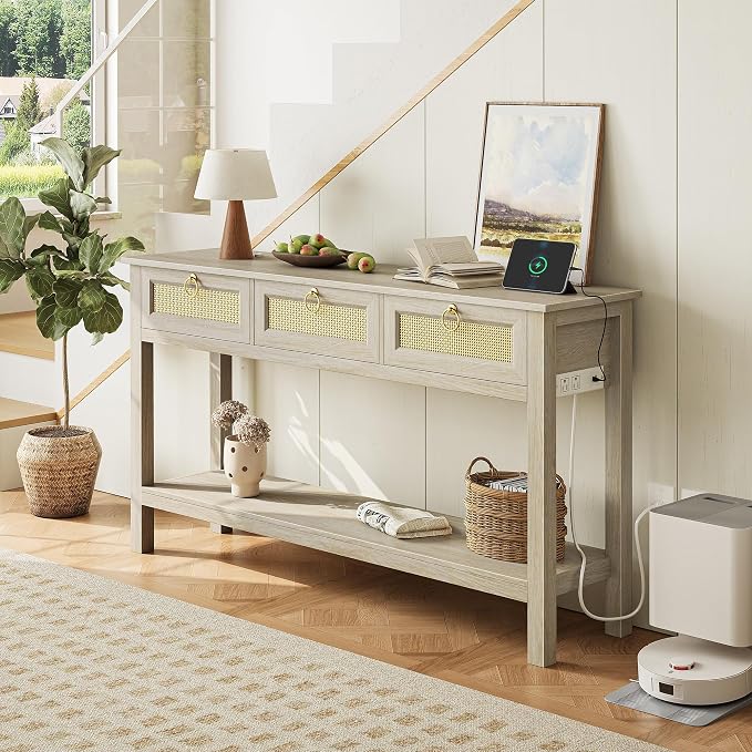 SUPERJARE Rattan Console Sofa Table with Outlets and USB-C Port, 3 Drawer Entryway Table with Synthetic Rattan Surface, Open Shelf, Behind Couch Entry Foyer Hallway Storage, Light Gray