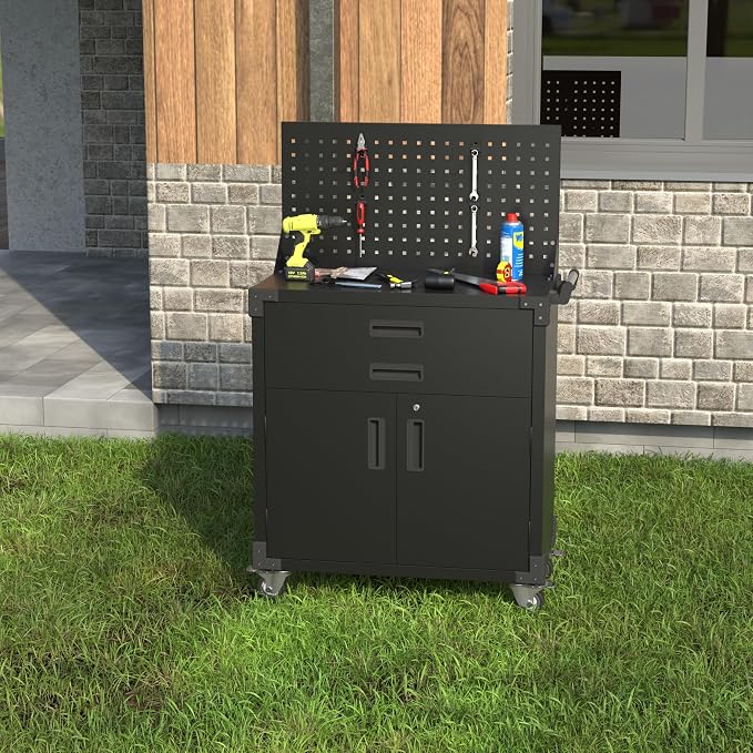 SUXXAN Rolling Tool Organizer Cart with Drawers and Locking Storage Cabinet, Heavy Duty Metal Service Utility Cart with Side Pegboard & Adjustable Shelf for Garage, Workshop, Black 52" H