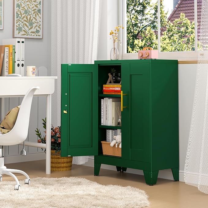 GAIOUS 36" Tall Metal Storage Cabinet with Lock, File Cabinet with 2 Doors and 2 Adjustable Shelves, Green Bathroom Floor Storage Cabinets, Freestanding Small Locked Cabinets for Home/Office/Garage