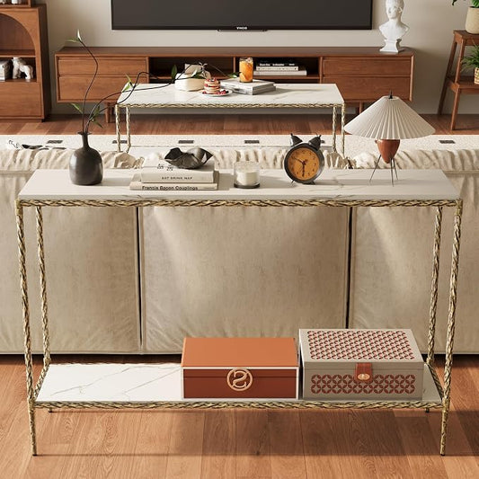Antique Console Table with Faux Marble Wood Top, 47" Narrow Entryway Table with 2-Tier Open Storage Shelves, Modern Slim Sofa Table with Antique Brass Finish for Hallway, Living Room