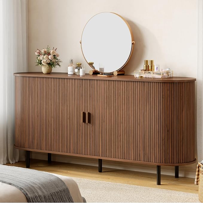 Buffet Sideboard Cabinet with Storage, 63" Fluted Cabinet with Sliding Door & Adjustable Shelf, Modern Accent Coffee Bar Console Table for Kitchen, Entryway, Walnut