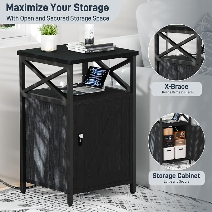Night Stand Set 2, Bedroom Nightstands, Matching Bedside Tables, Black | Lock and Charging Station with USB C Port, Large Lockable Storage Cabinet, End Table with Door, Metal and Wood Bed Side Table