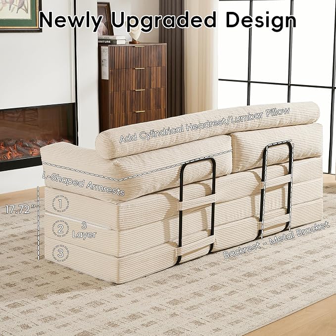 5-in-1 Convertible Sofa Bed, 78" Boneless Couch Tri Folding Mattress with Removable L-Shaped Armrests, Corduroy Futon Couch Sleeper with Pull Out Bed for Living Room Bedroom Apartment, Beige