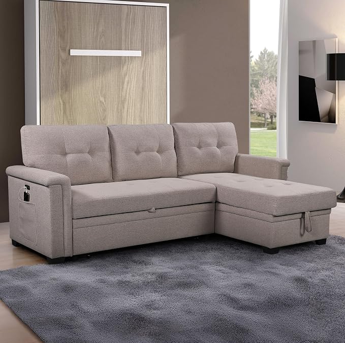 Lilola Home Convertible Sleeper Sofa Bed 84 Inch, L Shaped Sectional Couch with Pull Out Bed, USB Charging Ports, Storage Chaise for Living Room, Office, Linen Fabric, Light Gray