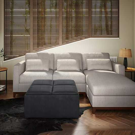 SIMPLIHOME Avalon Wide Contemporary Square Coffee Table Storage Ottoman, Distressed Black, Table Ottoman
