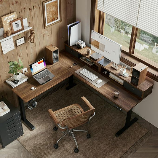 Agilestic L Shaped Electric Standing Desk with 2 Drawers, 63 Inch Ergonomic Adjustable Height Desk with Storage, Corner Desk Sit Stand up Computer Table for Work Office Home, Dark Walnut