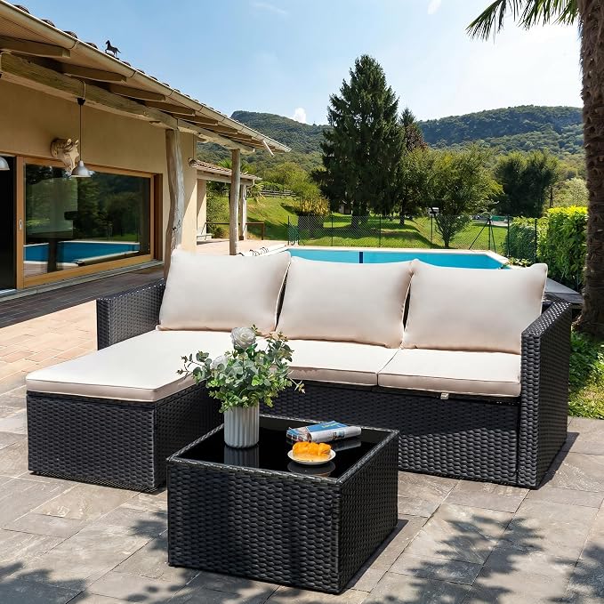 Shintenchi 4 Pieces Patio Furniture Set, 2-in-1 Convertible Sectional Sofa & Chaise Lounge, All-Weather Wicker Rattan Sofa Couch with Cushions & Coffee Table for Yard, Garden, Porch, Poolside (Beige)