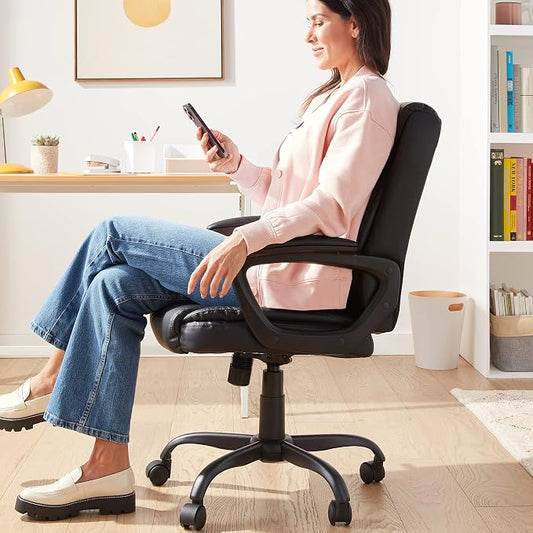 Amazon Basics Classic Puresoft PU Padded Mid-Back Office Desk Chair with Armrest, Easy Assembly, Sturdy Metal Base, Wheels, 275lb Support, 26"D x 23.75"W x 42"H, Black