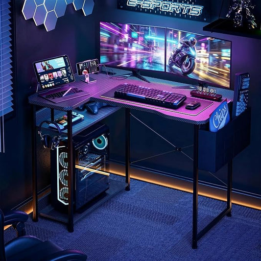 Acrolix L Shaped Gaming Desk 48 Inch - Computer Corner Desk with Power Outlets, Reversible Shelves & Storage Bag for Home Office, PC Gaming Table, Black Carbon