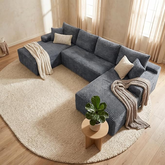132" Oversized U-Shaped Cloud Sectional Couch Plush Corduroy Boneless Symmetrical Sofa, Front Facing Modular Compressed Boneless Sectional Sofa with Double Chaise Lounges
