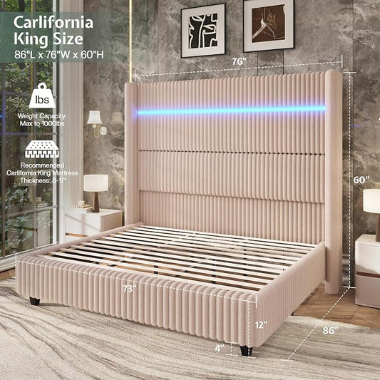 Jocisland Cal King Bed Frame Faux-Fur Upholstered 60" Tall Headboard, Beige | Wingback Headboard, LED lights, USB Charging, Noise-free, No box spring needed, easy assembly, for Tall People