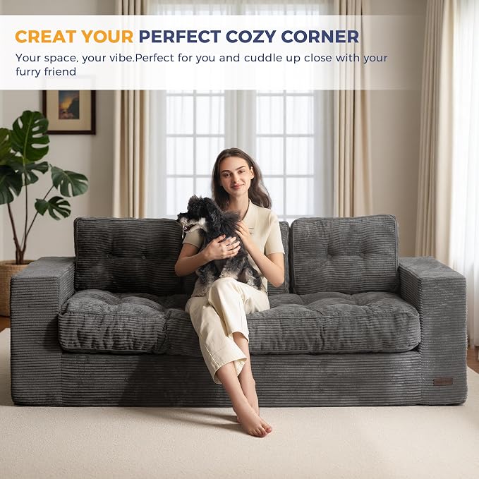 MAXYOYO Oversized Loveseat Sofa Couch, Upholstered Bean Bag Chair Cloud 3-Seat for Adults, Boneless Couch with Tufted Cushion & Pillows, Sofa in A Box, No Assembly Required, Dark Grey